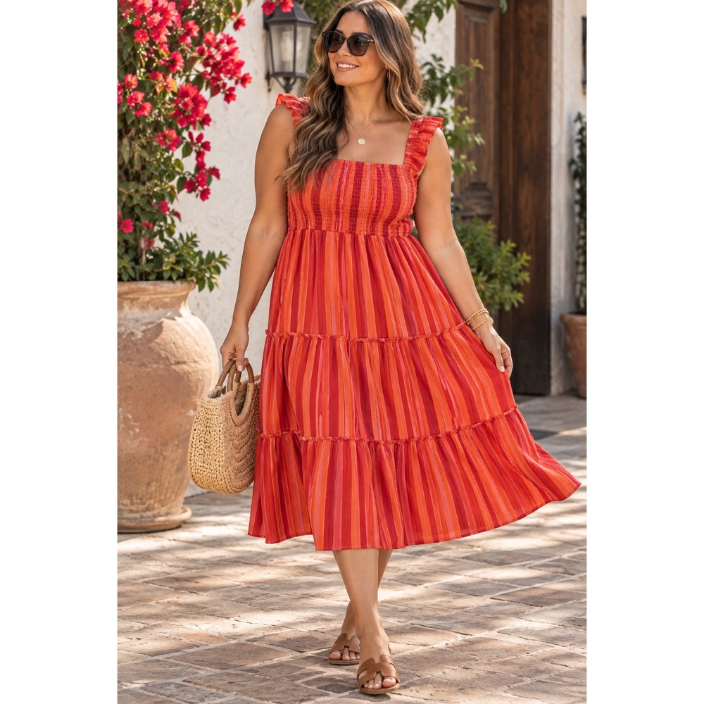 Torrid Women Red Orange Striped Boho Smocked Midi Dress Ruffle Straps Size 0